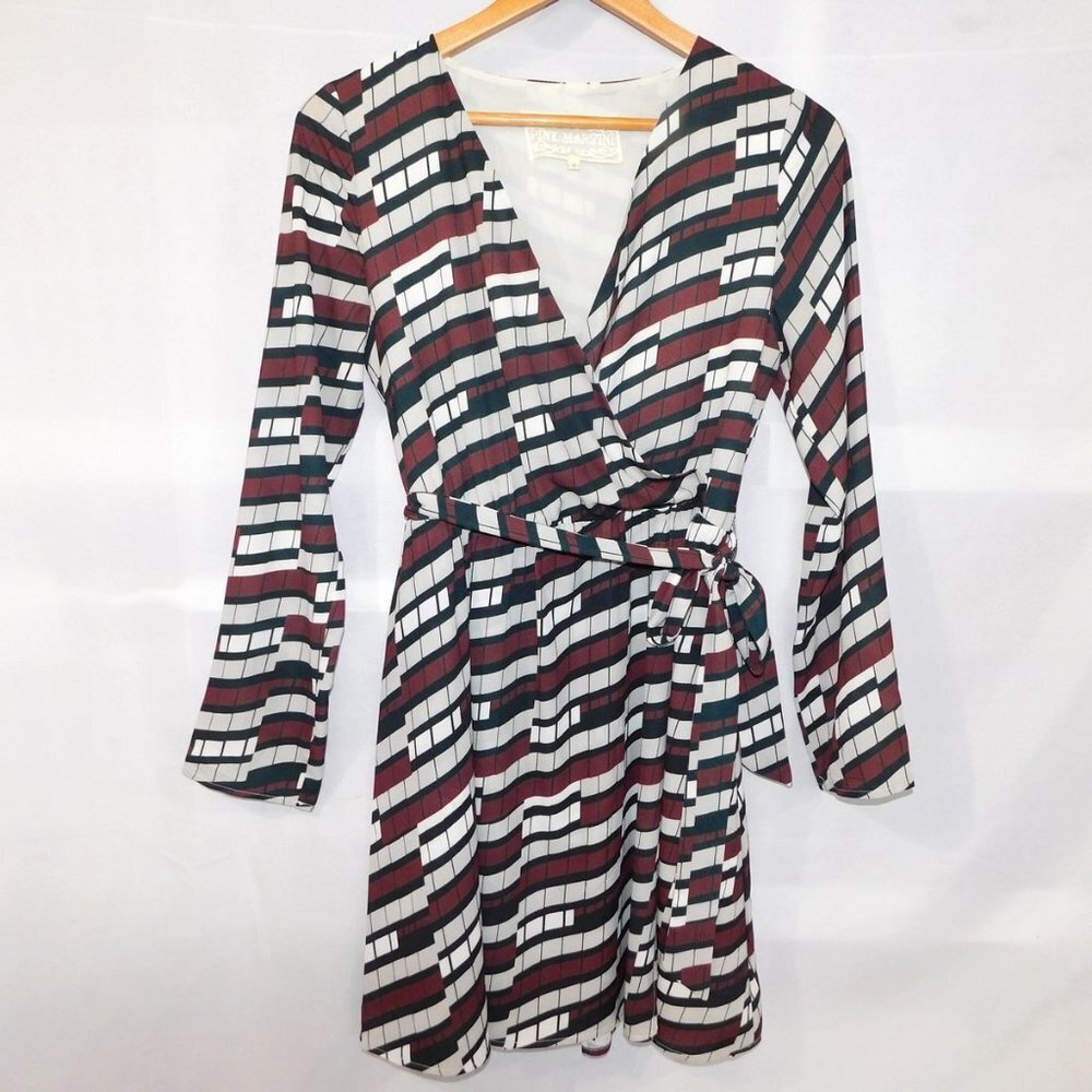Pink Martini Around the  Block Pattern White Black Maroon Wrap Dress Womens S